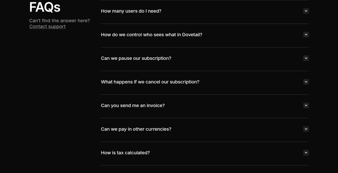 FAQs section from Dovetail