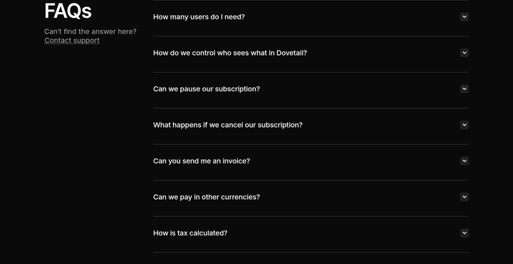FAQs section from Dovetail