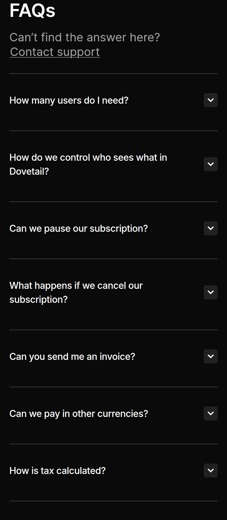 FAQs section from Dovetail, on a phone