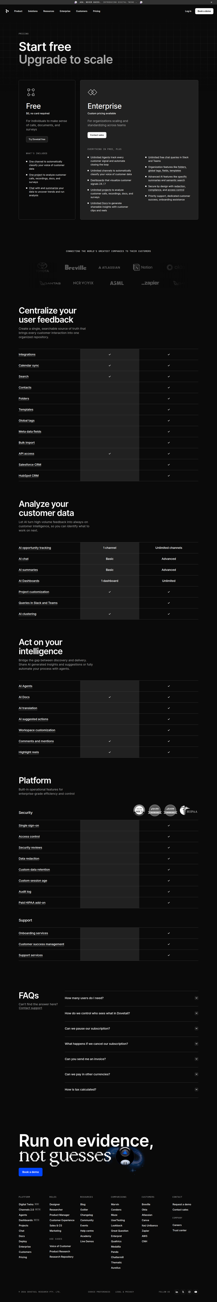 Pricing page from Dovetail