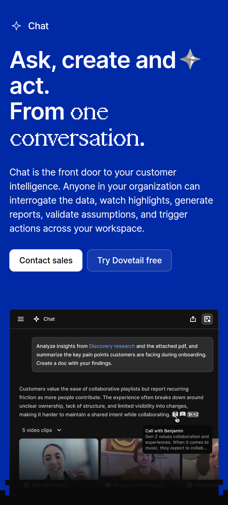 Ask, Create and Act section from Dovetail, on a phone