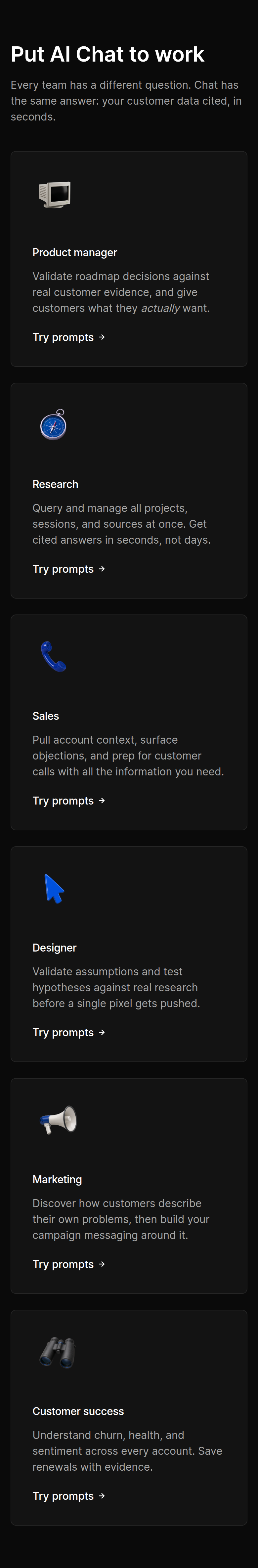Put AI Chat to Work section from Dovetail, on a phone