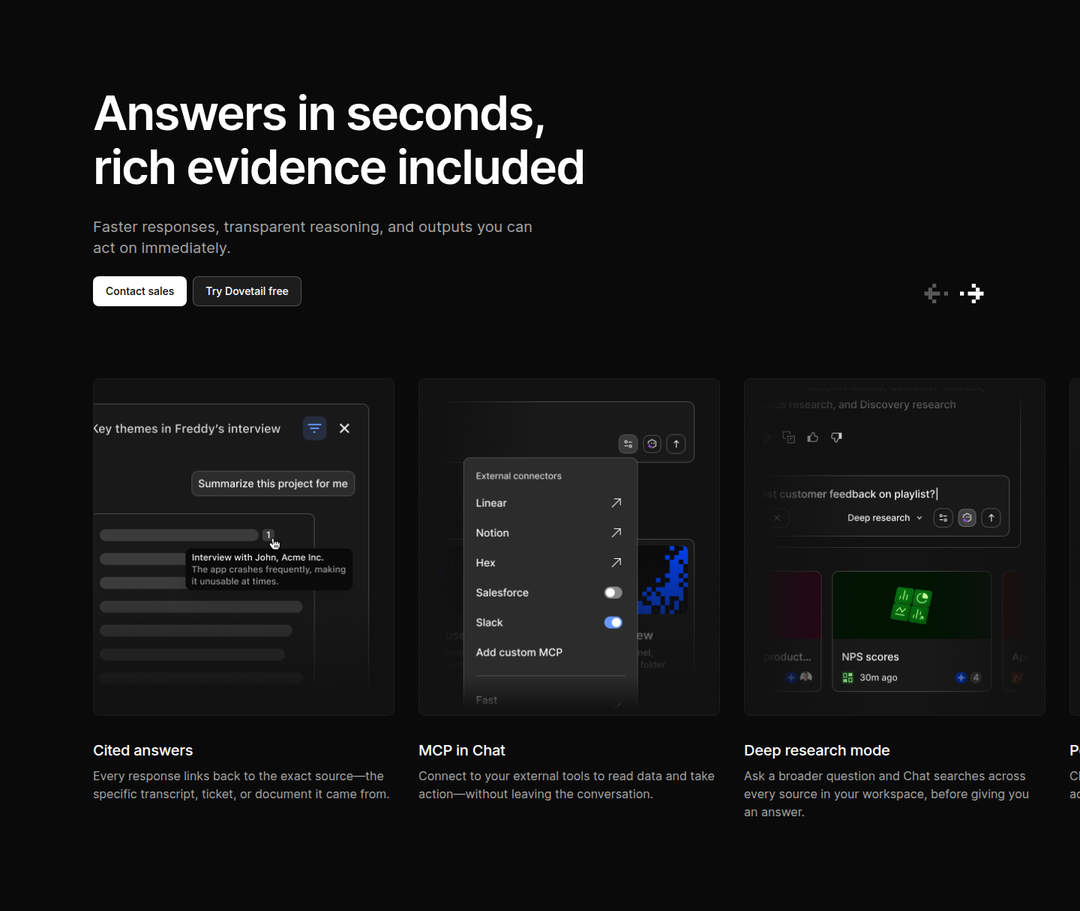 Answers in Seconds, Rich Evidence Included section from Dovetail
