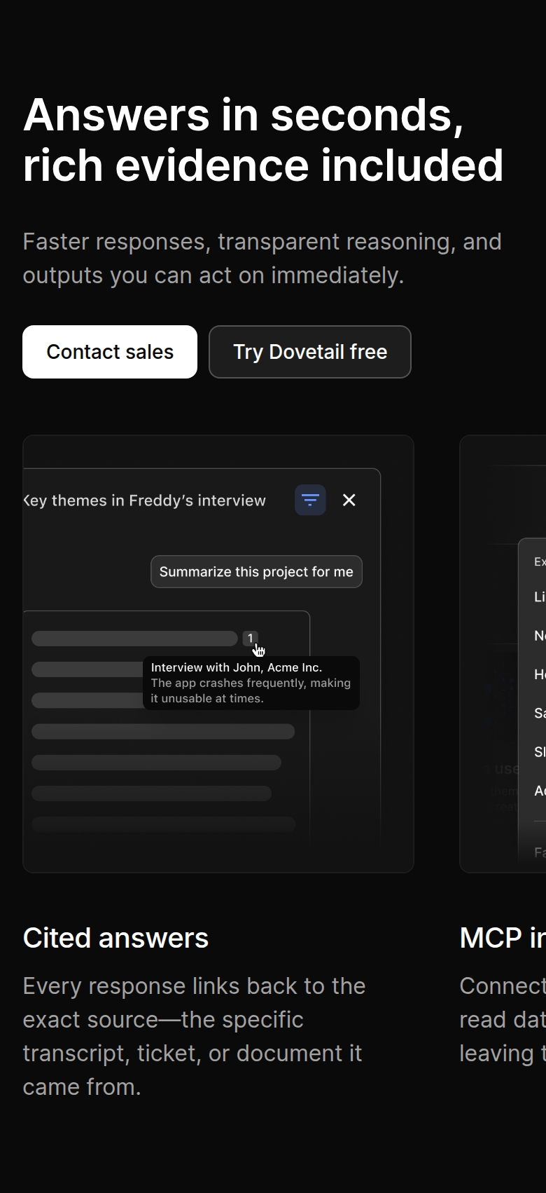 Answers in Seconds, Rich Evidence Included section from Dovetail, on a phone
