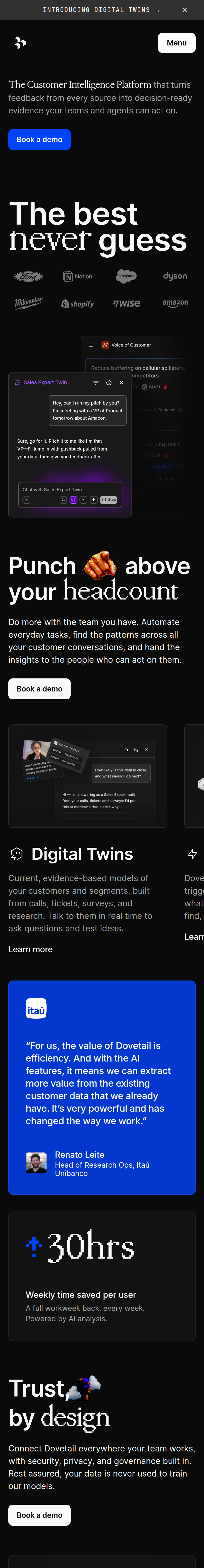 Home page of the Dovetail website, on a phone