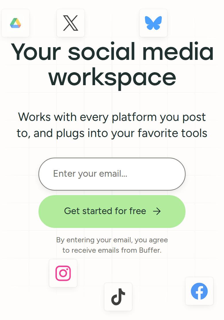 Your Social Media Workspace section from Buffer, on a phone