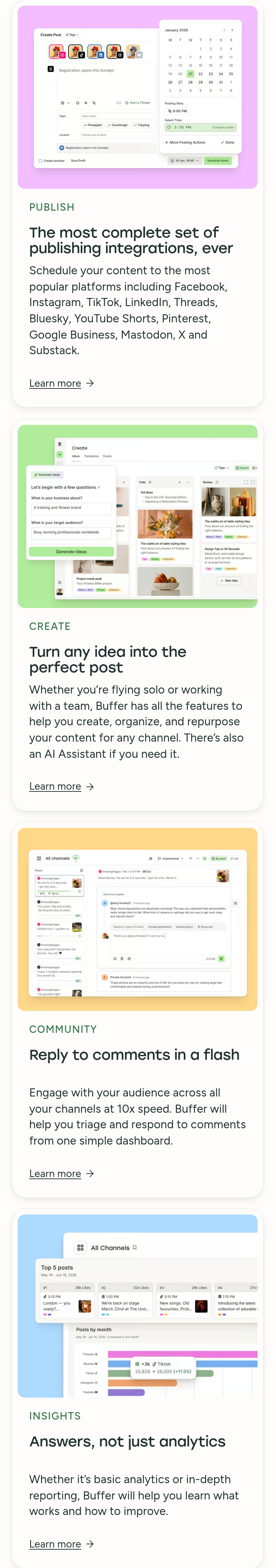 Feature Cards section from Buffer, on a phone