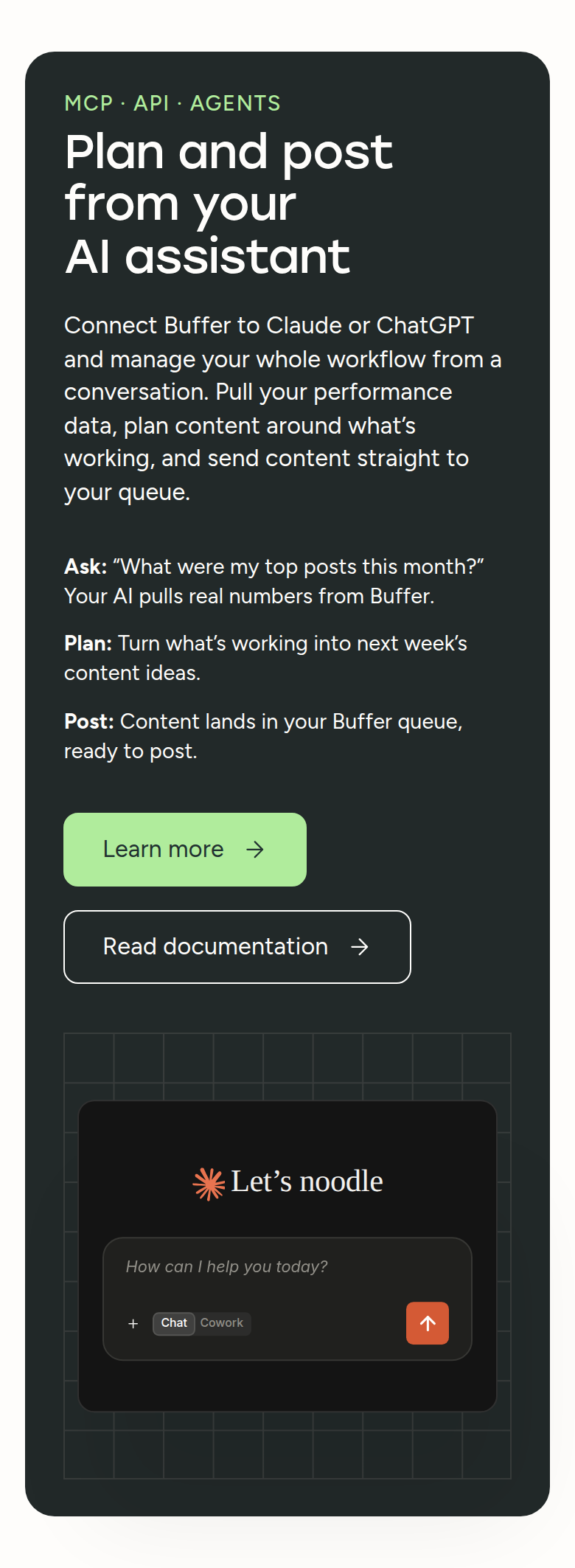 Plan and Post from Your AI Assistant section from Buffer, on a phone