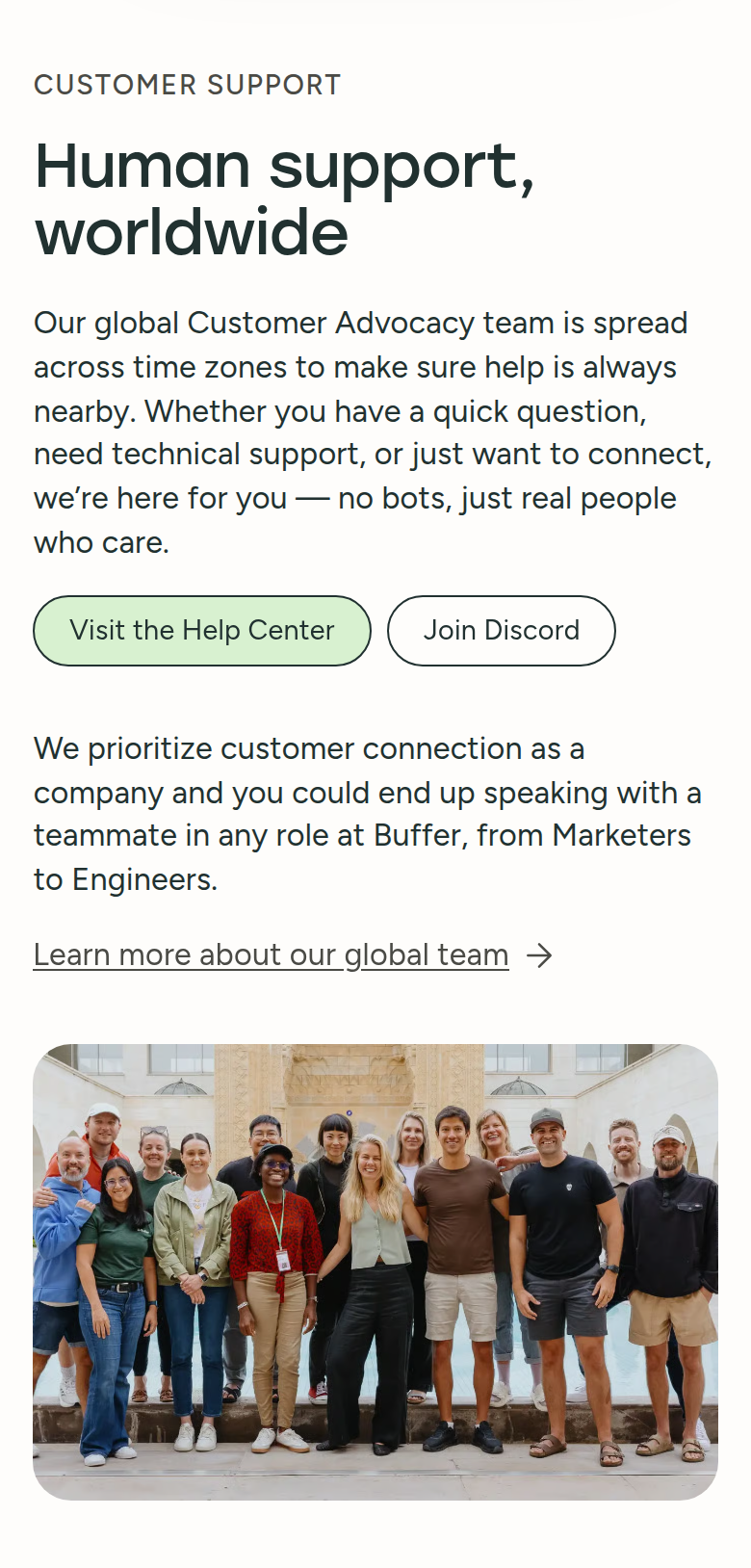 Human Support, Worldwide section from Buffer, on a phone