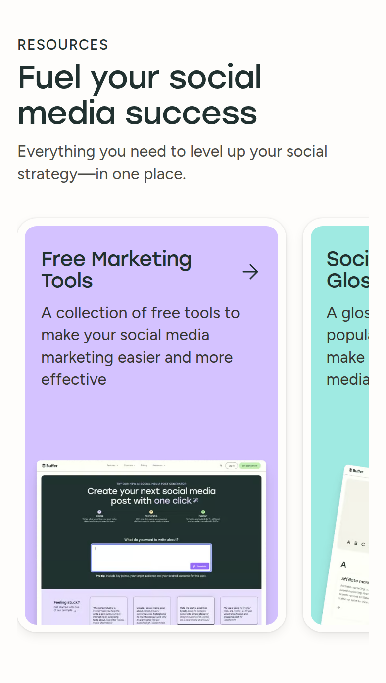 Fuel Your Social Media Success section from Buffer, on a phone