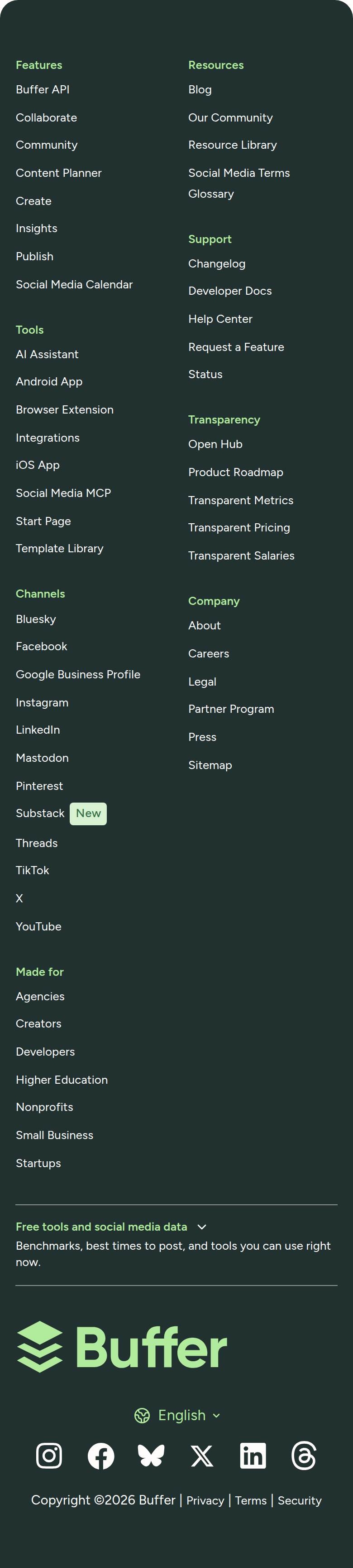 Footer section from Buffer, on a phone