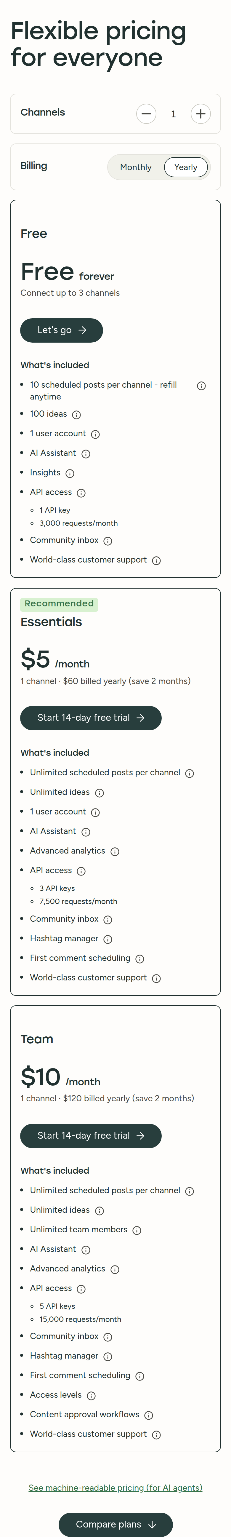 Flexible Pricing for Everyone section from Buffer, on a phone