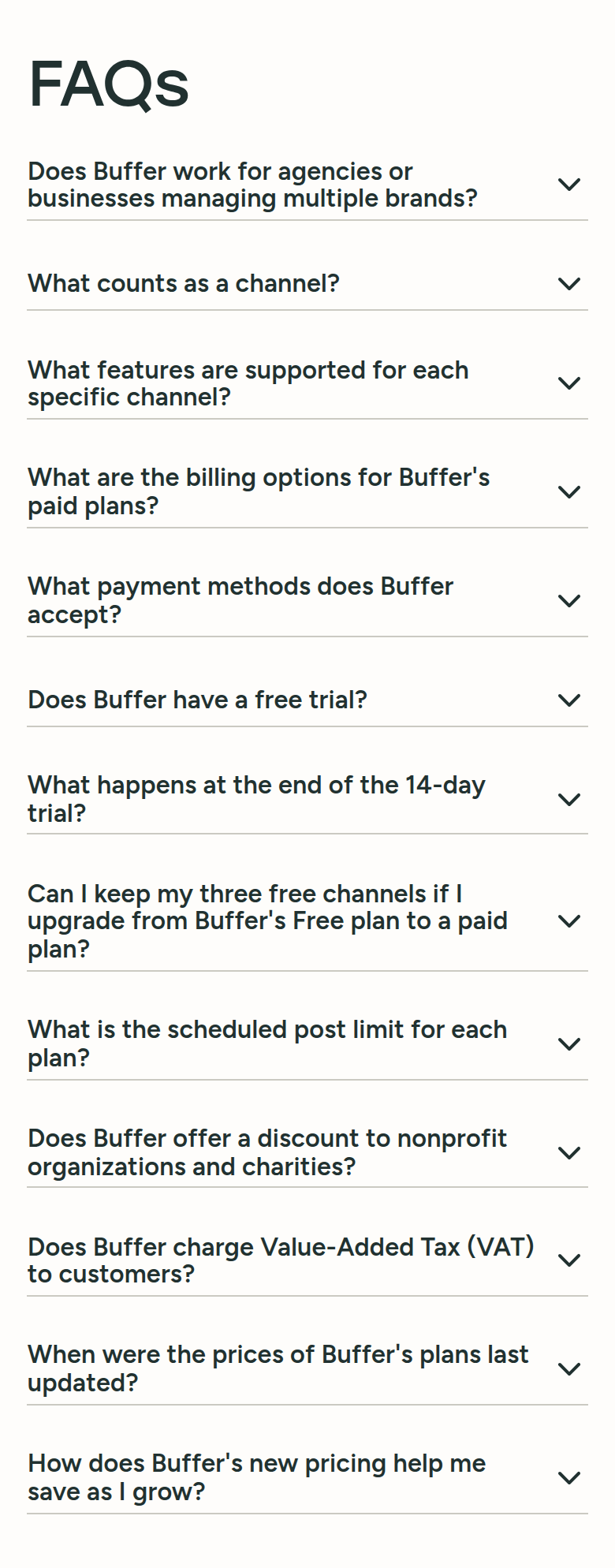 FAQs section from Buffer, on a phone