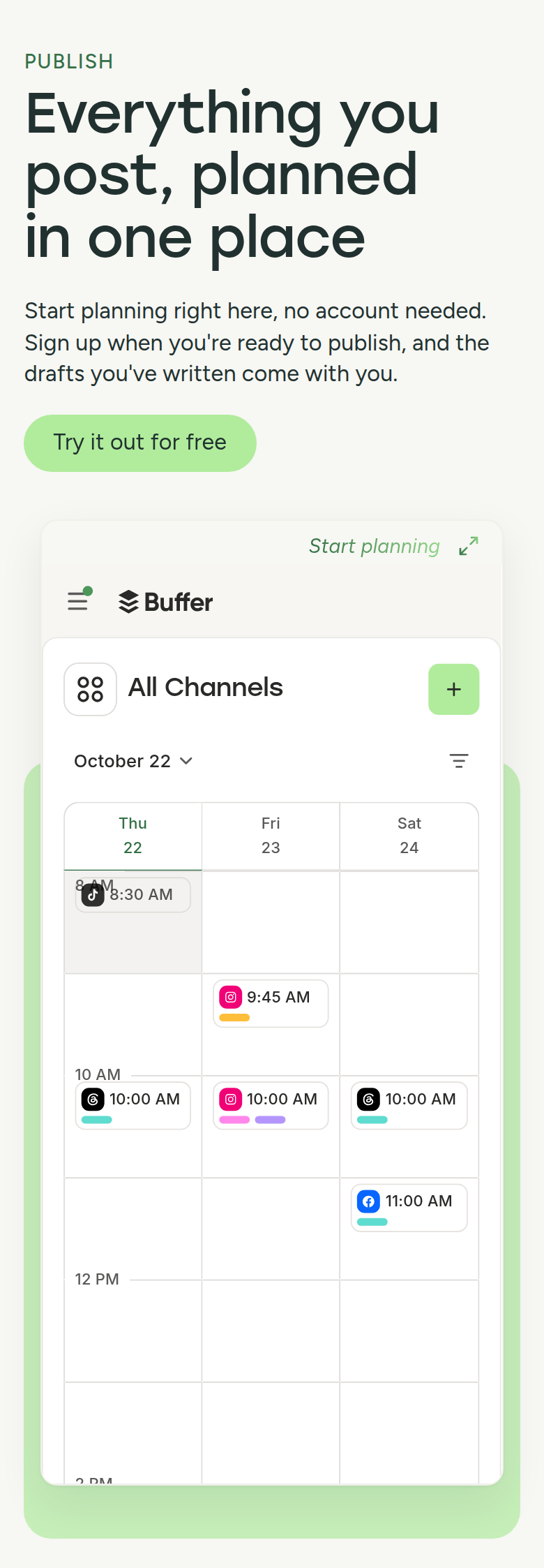 Everything You Post, Planned in One Place section from Buffer, on a phone
