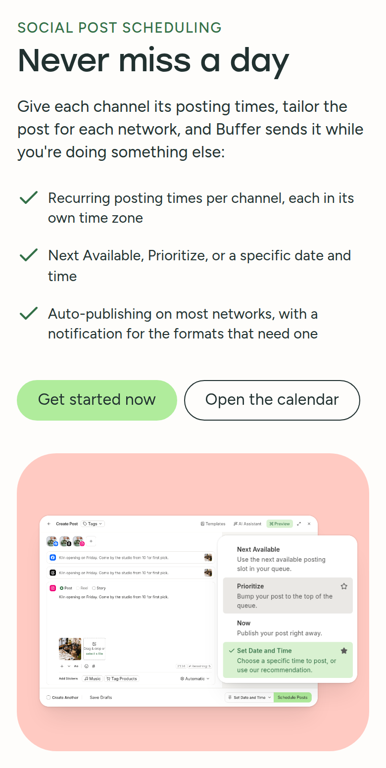 Never Miss a Day section from Buffer, on a phone
