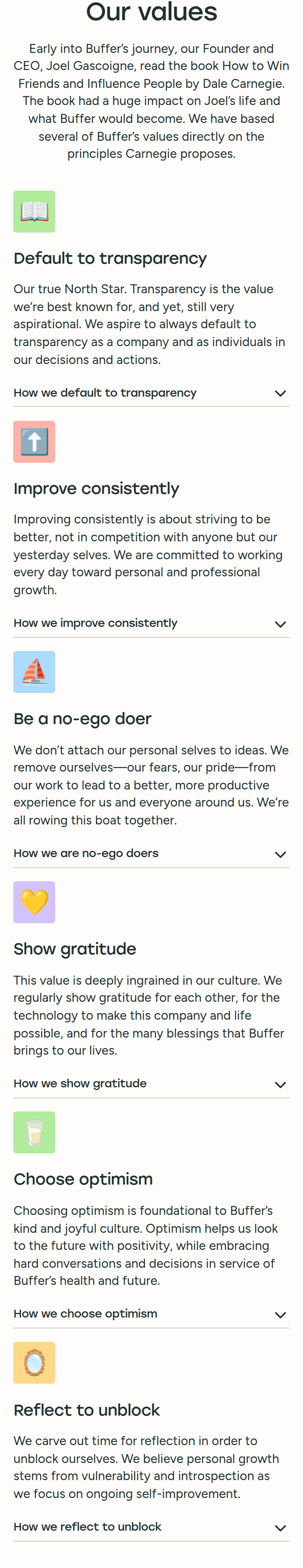 Our Values section from Buffer, on a phone