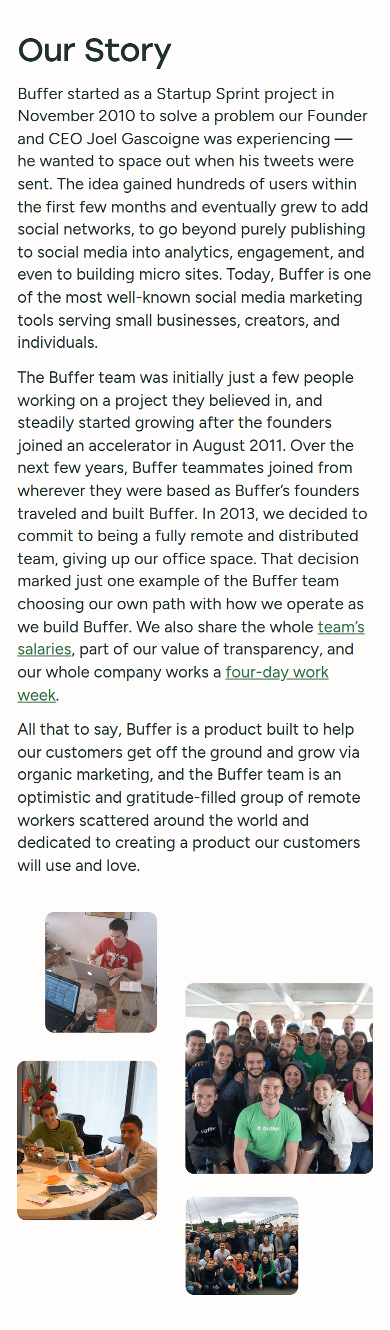 Our Story section from Buffer, on a phone