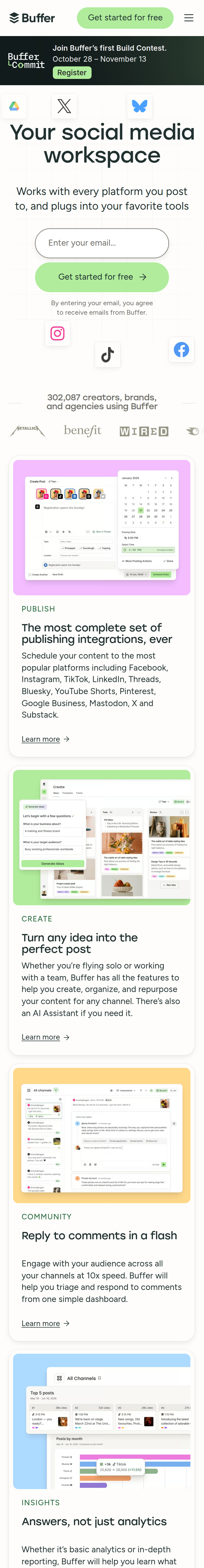Home page of the Buffer website, on a phone