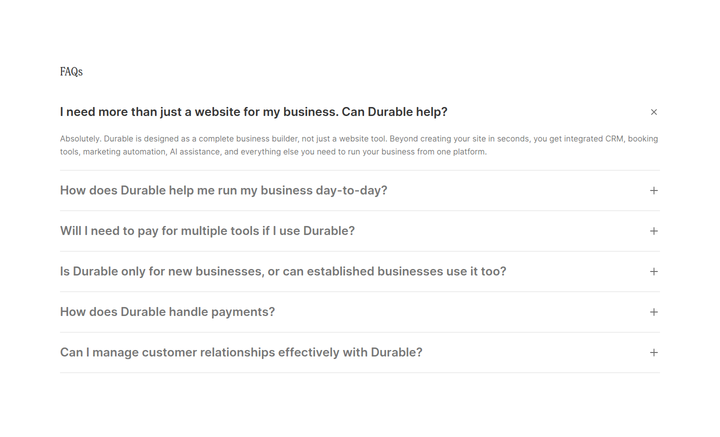 FAQs section from Durable