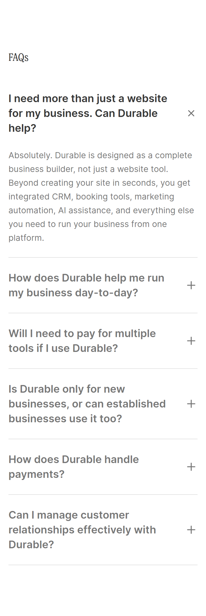 FAQs section from Durable, on a phone