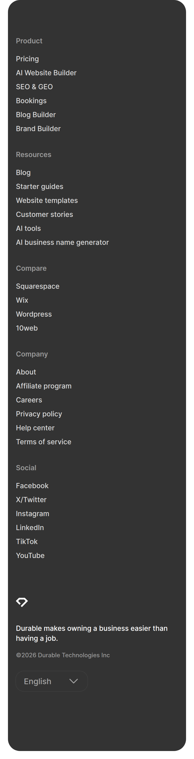 Footer section from Durable, on a phone