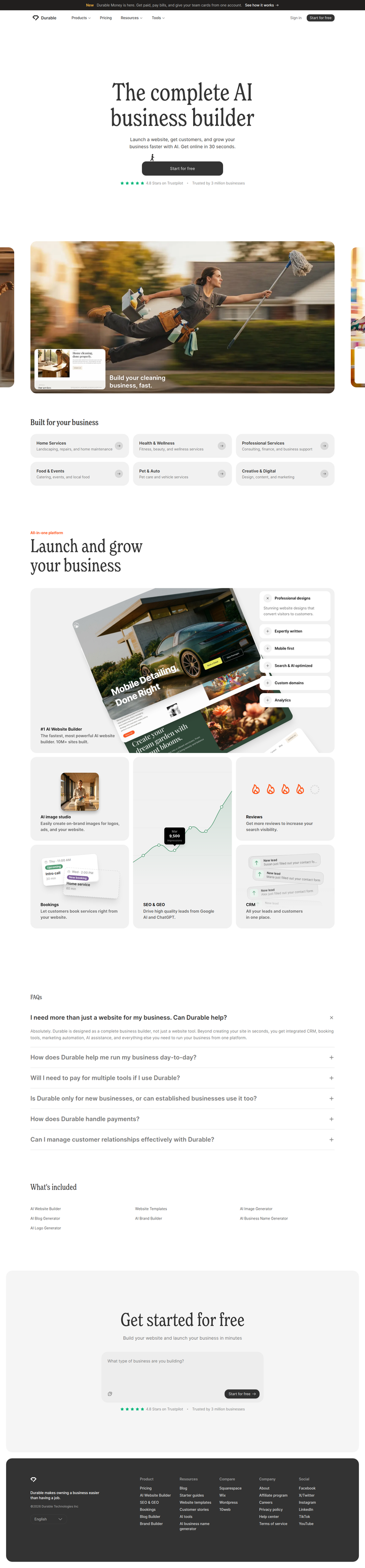 Home page from Durable