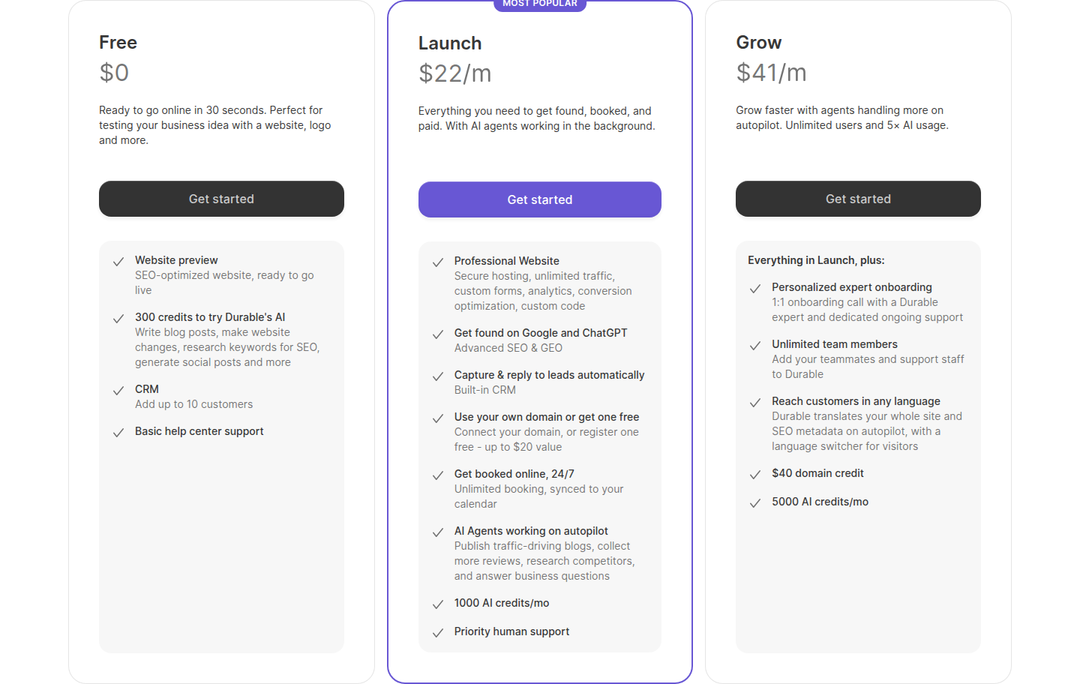 Free, Launch and Grow Plans section from Durable