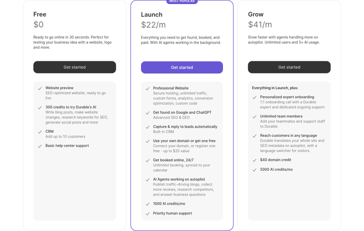 Free, Launch and Grow Plans section from Durable