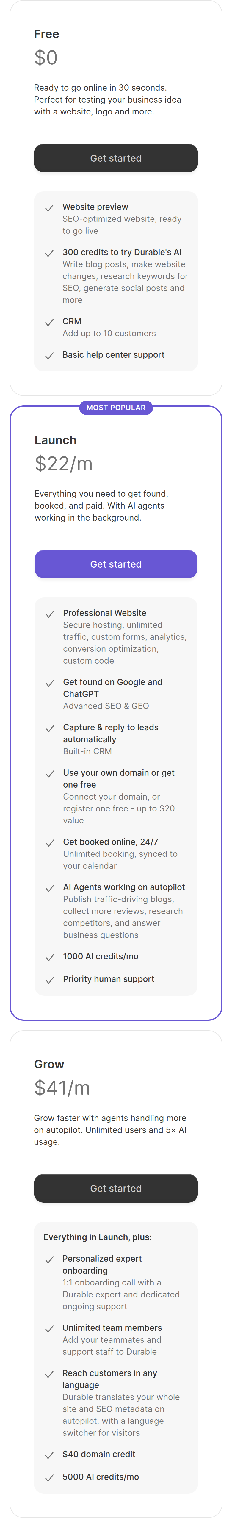 Free, Launch and Grow Plans section from Durable, on a phone