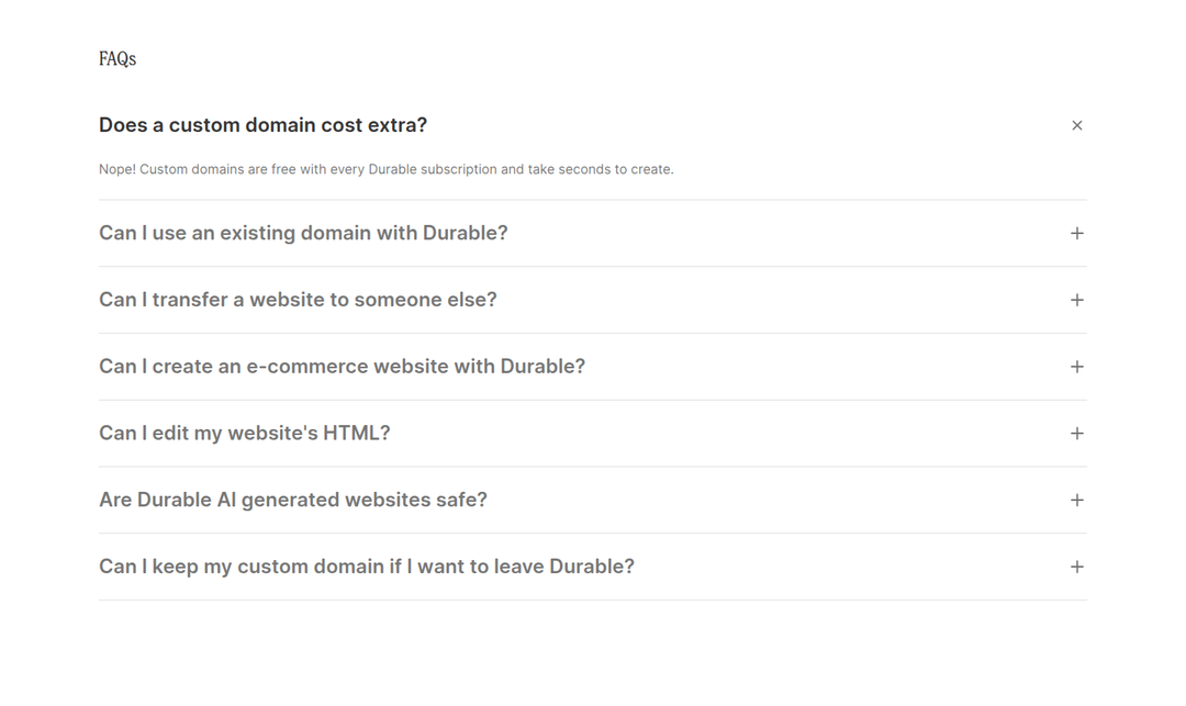FAQs section from Durable