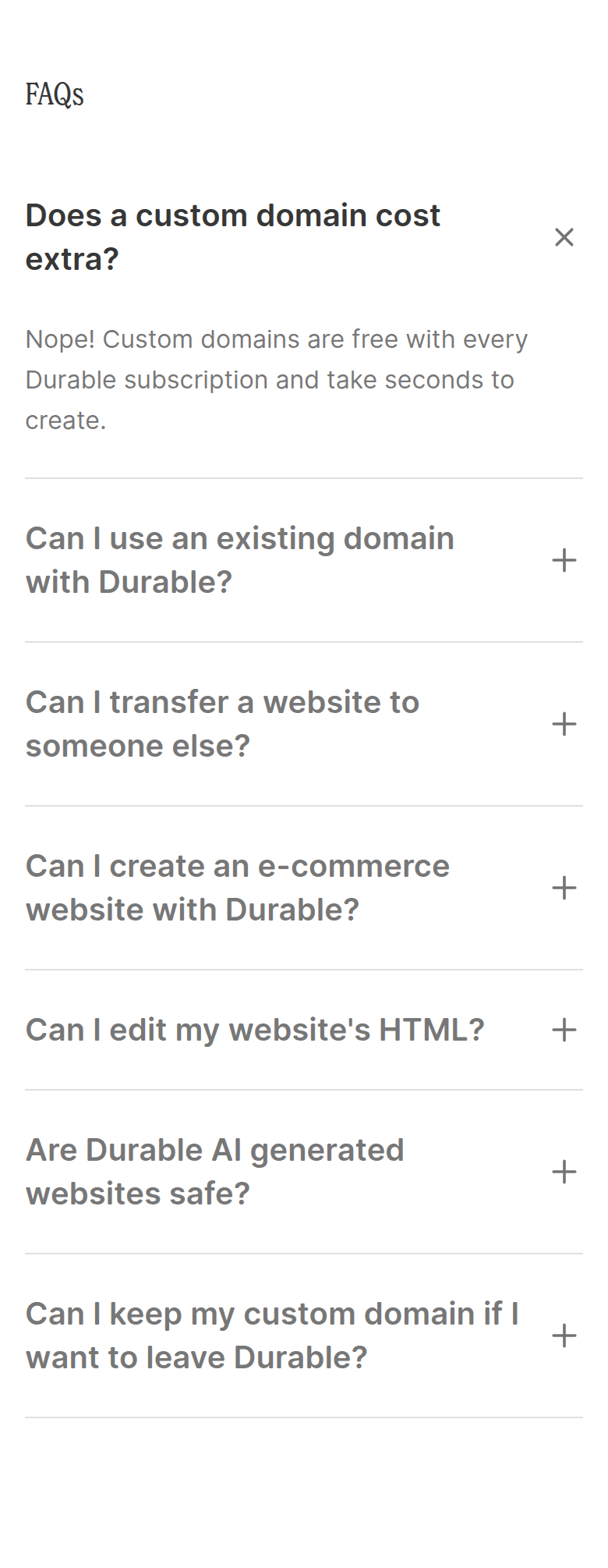 FAQs section from Durable, on a phone