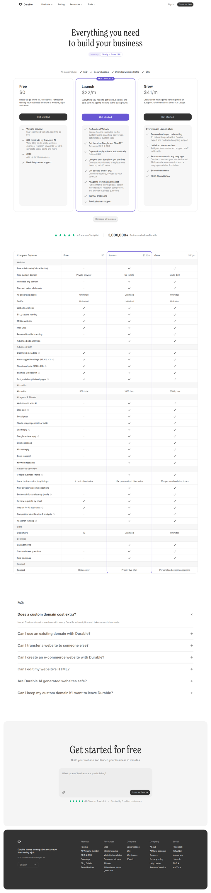 Pricing page from Durable