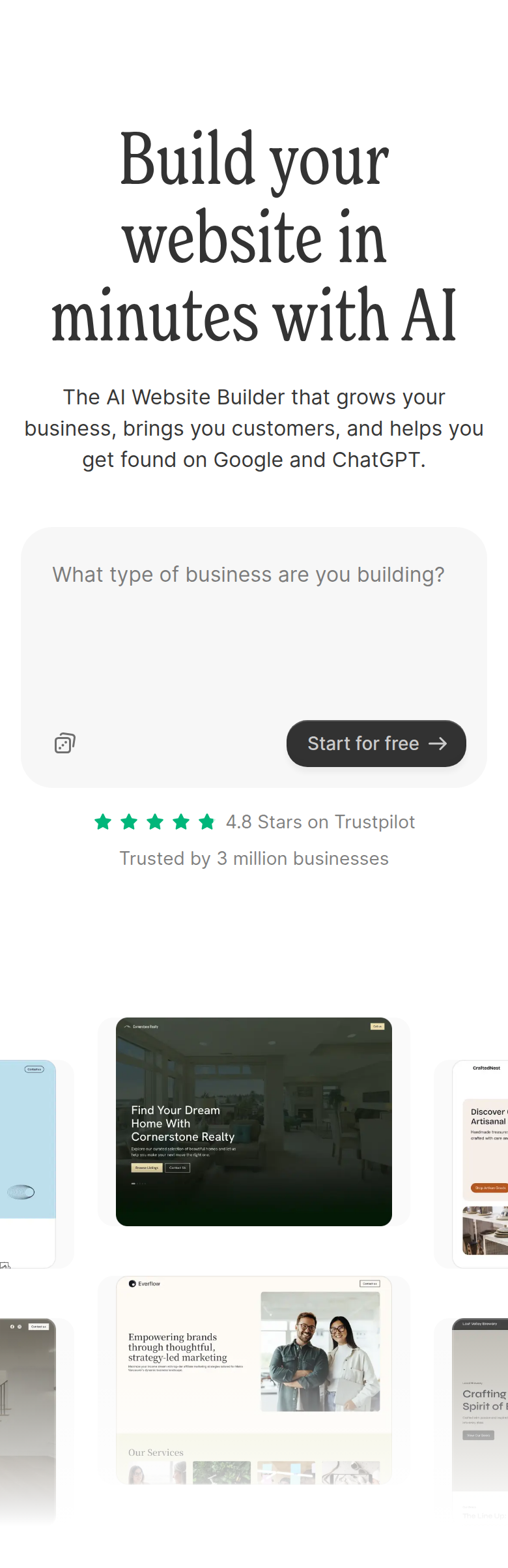 Build Your Website in Minutes with AI section from Durable, on a phone