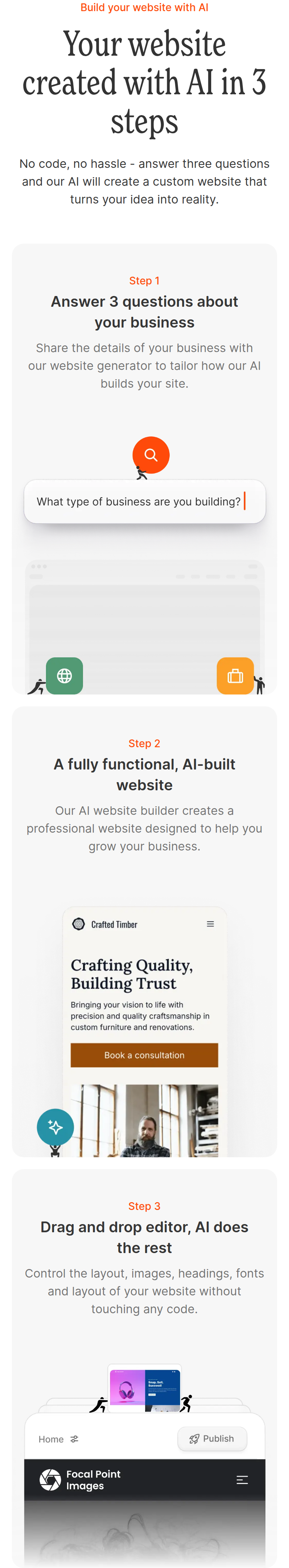 Your Website Created with AI in 3 Steps section from Durable, on a phone
