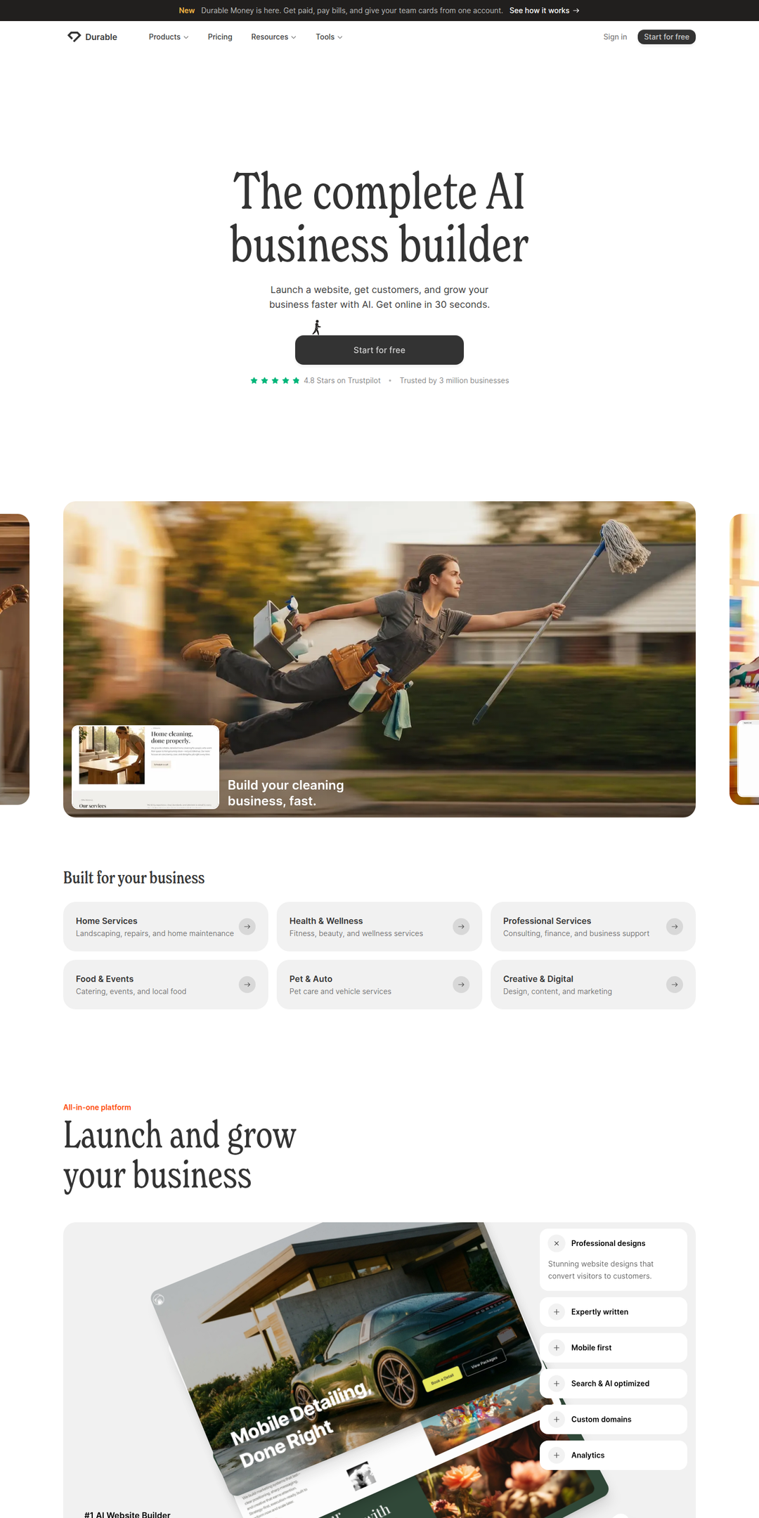 Home page of the Durable website