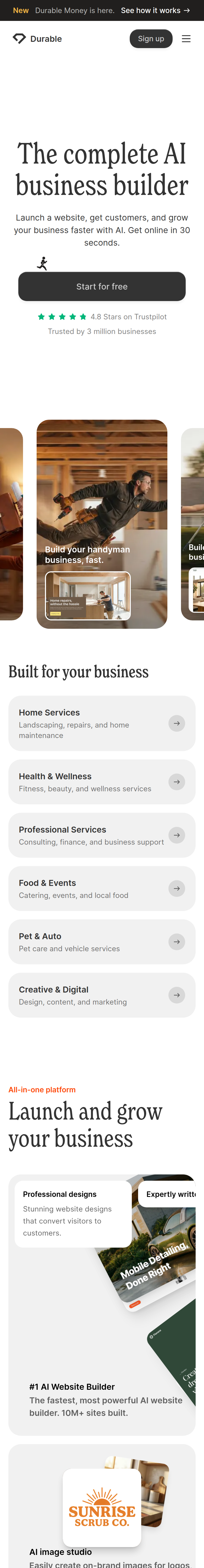 Home page of the Durable website, on a phone