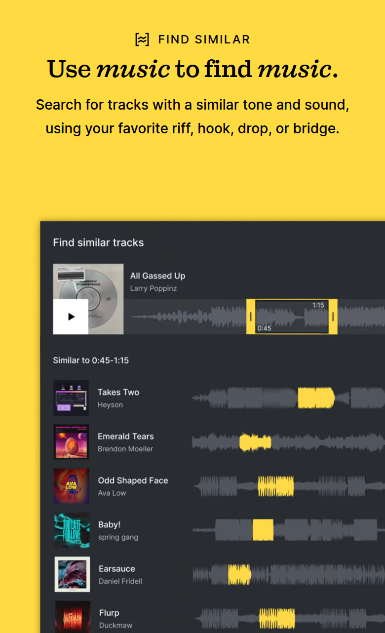 Use Music to Find Music section from Epidemic Sound, on a phone