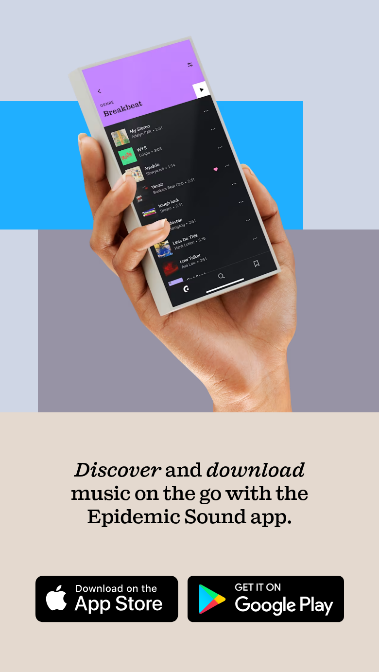 Discover and Download Music on the Go section from Epidemic Sound, on a phone
