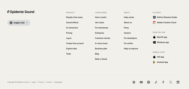 Footer section from Epidemic Sound