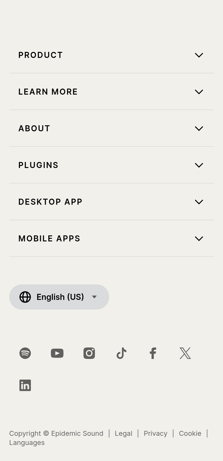 Footer section from Epidemic Sound, on a phone