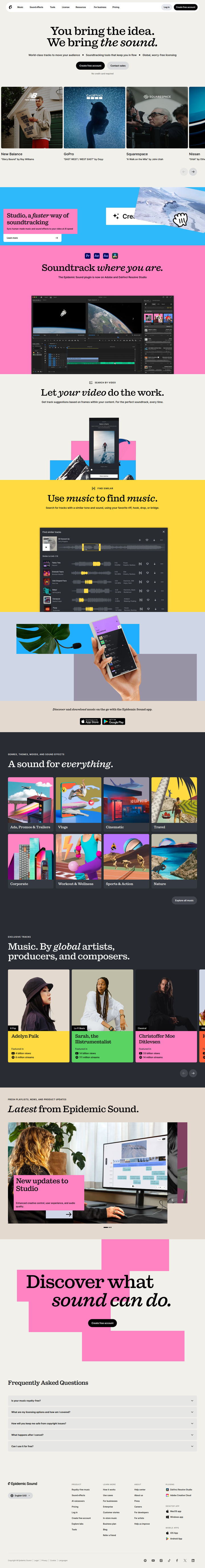 Home page from Epidemic Sound