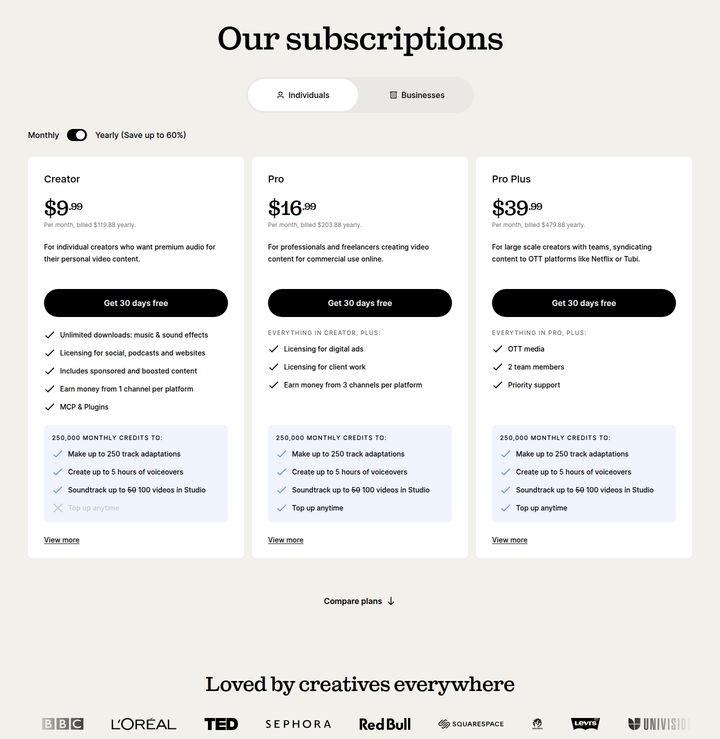 Our Subscriptions section from Epidemic Sound