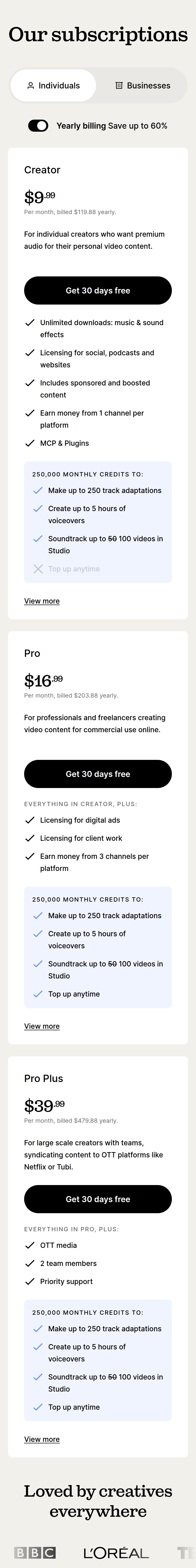 Our Subscriptions section from Epidemic Sound, on a phone