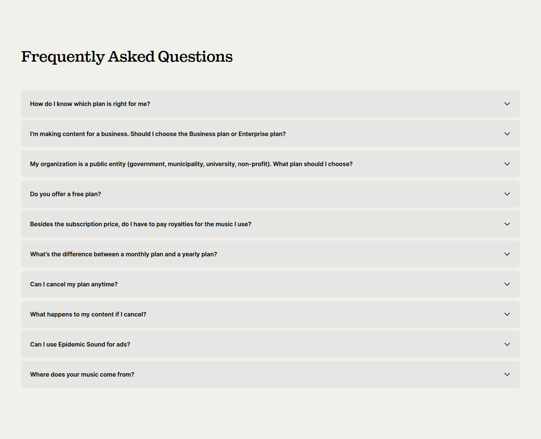 Frequently Asked Questions section from Epidemic Sound