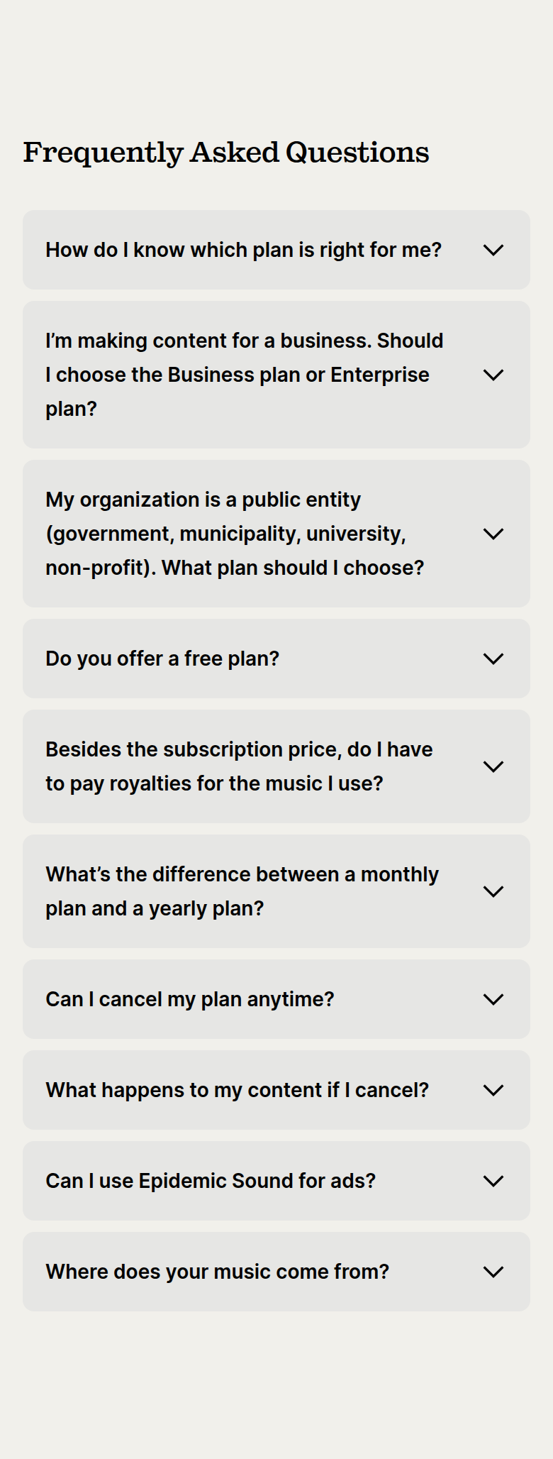 Frequently Asked Questions section from Epidemic Sound, on a phone