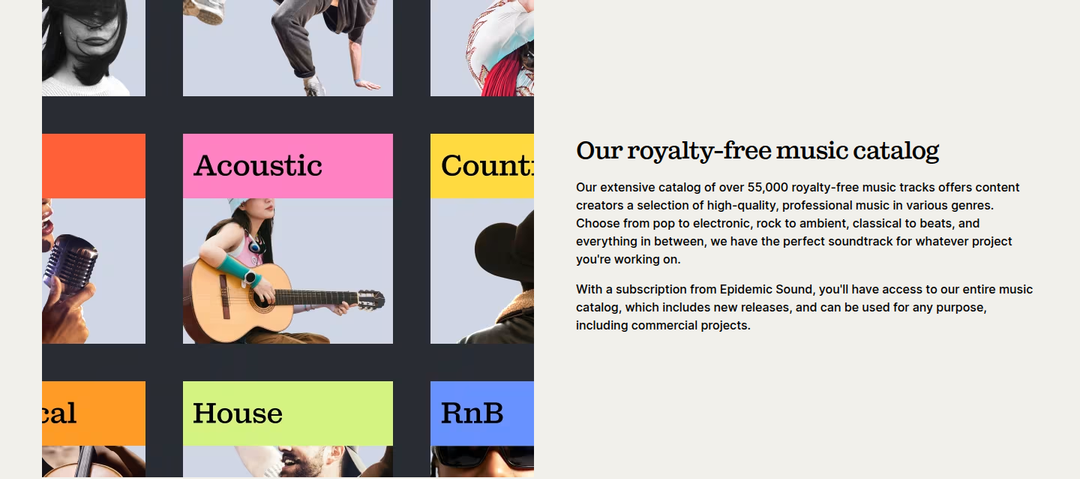 Our Royalty-Free Music Catalog section from Epidemic Sound