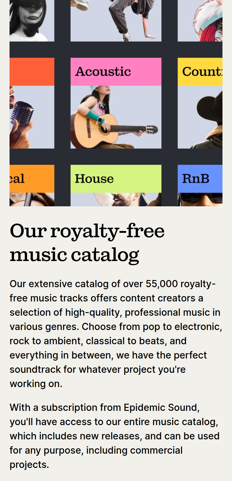 Our Royalty-Free Music Catalog section from Epidemic Sound, on a phone