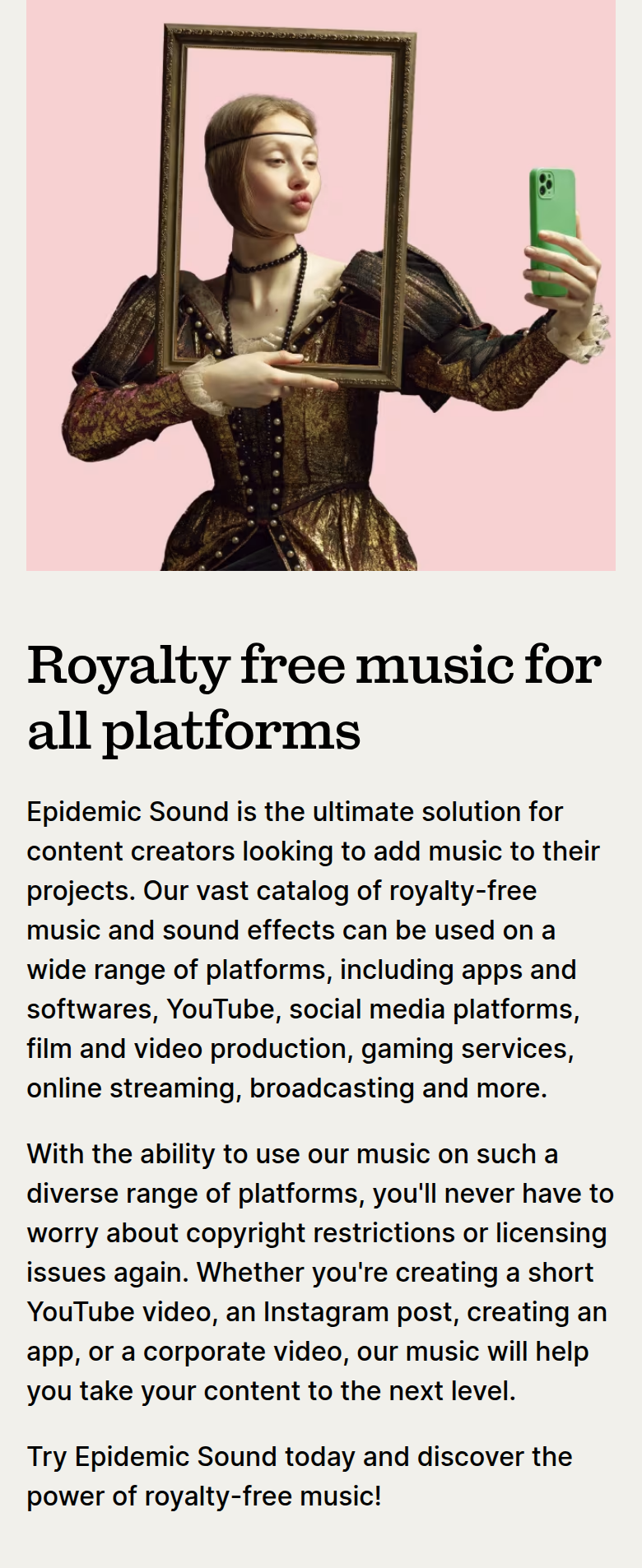 Royalty Free Music for All Platforms section from Epidemic Sound, on a phone