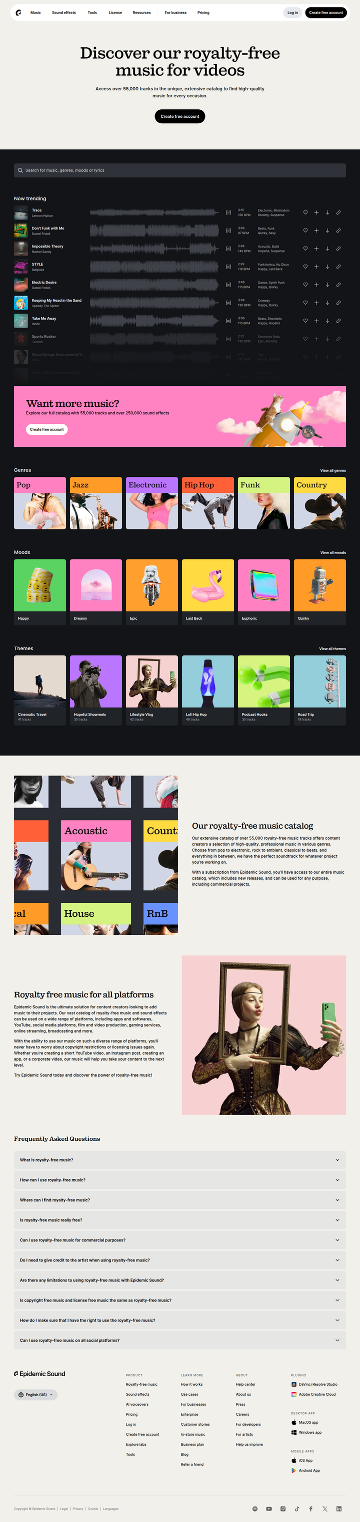 Royalty-Free Music page from Epidemic Sound
