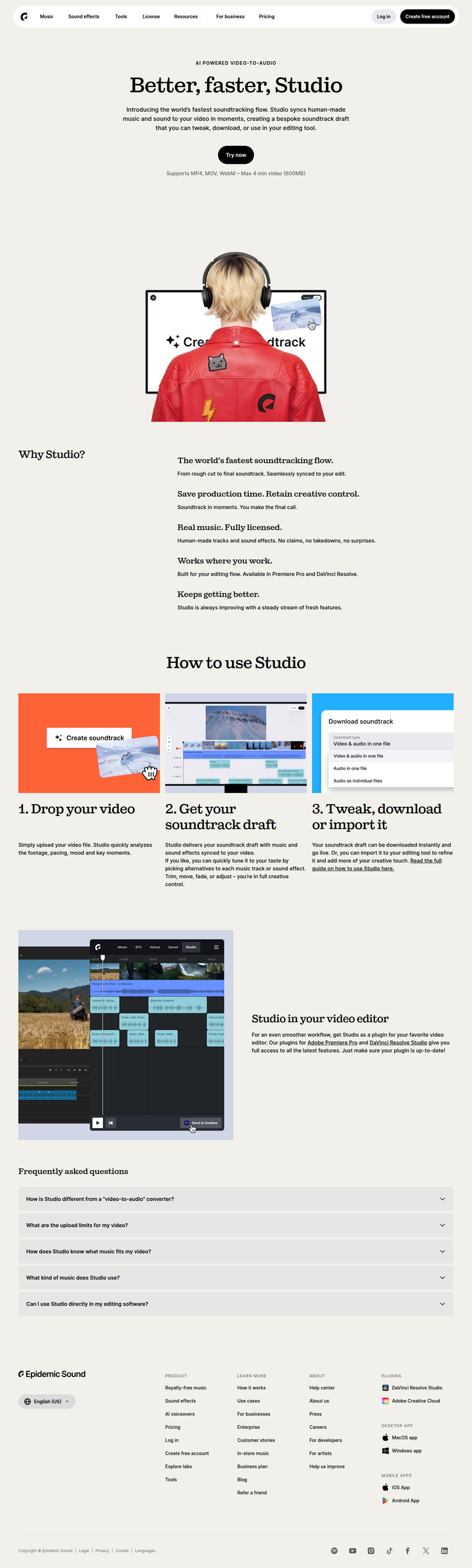 Studio page from Epidemic Sound